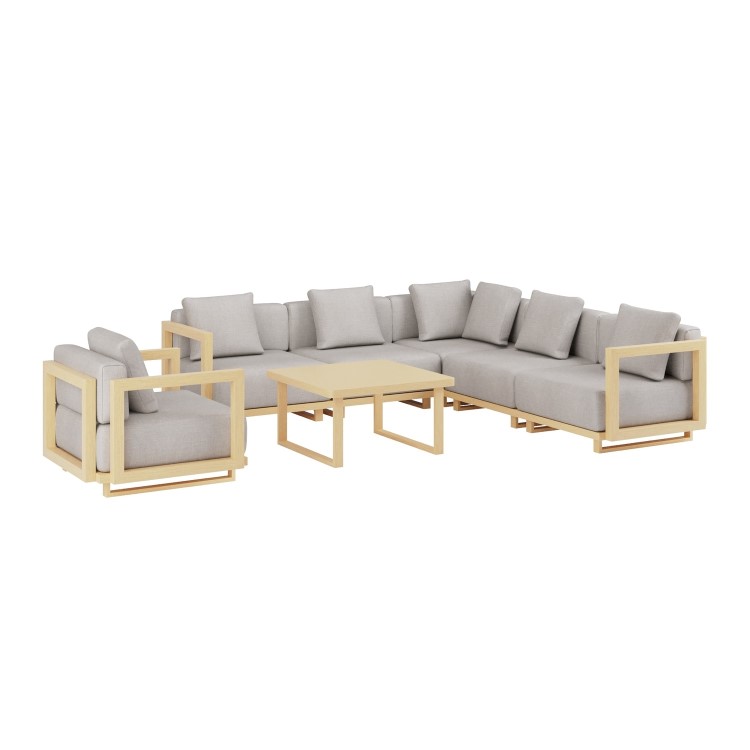6 Seater Beige Aluminium Wood Effect Garden Sofa with Matching Coffee Table