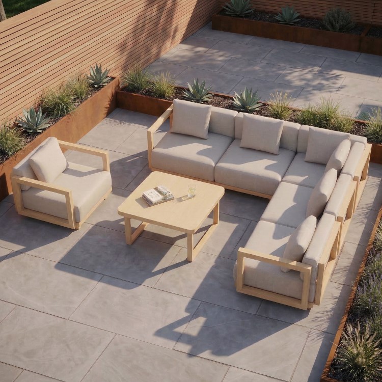 6 Seater Beige Aluminium Wood Effect Garden Sofa with Matching Coffee Table