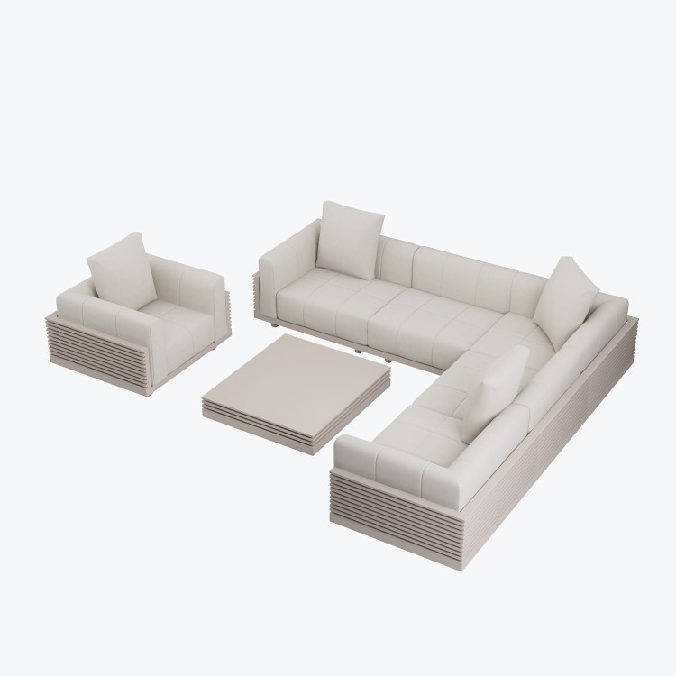 6 Seater Beige Fluted Garden Sofa Set with Coffee Table