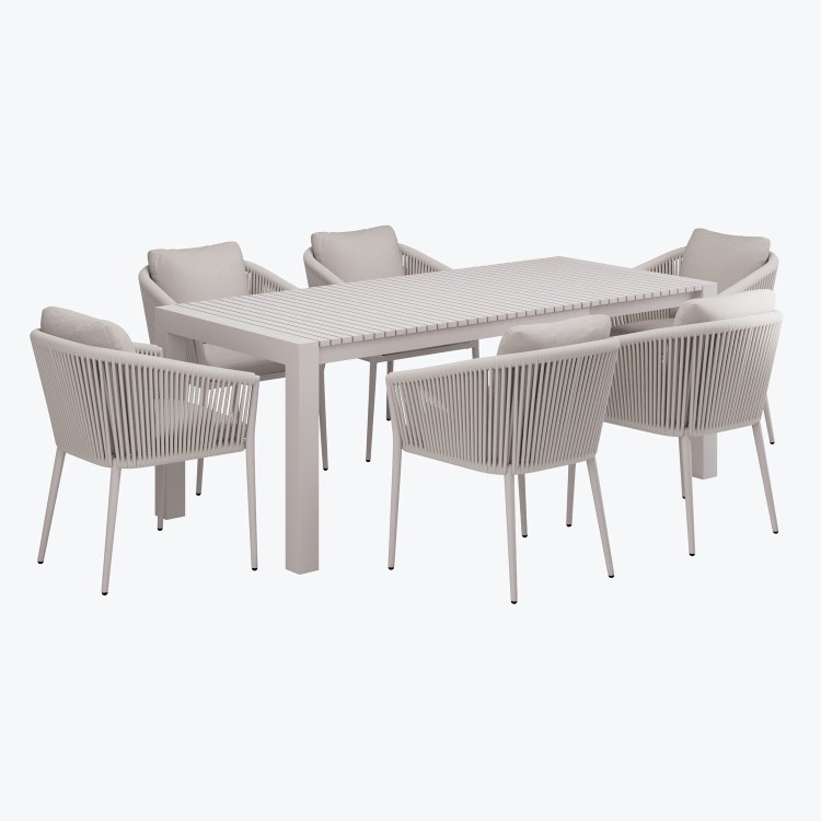 6 Seater Beige Aluminium Extendable Garden Dining Set with Rope Chairs 