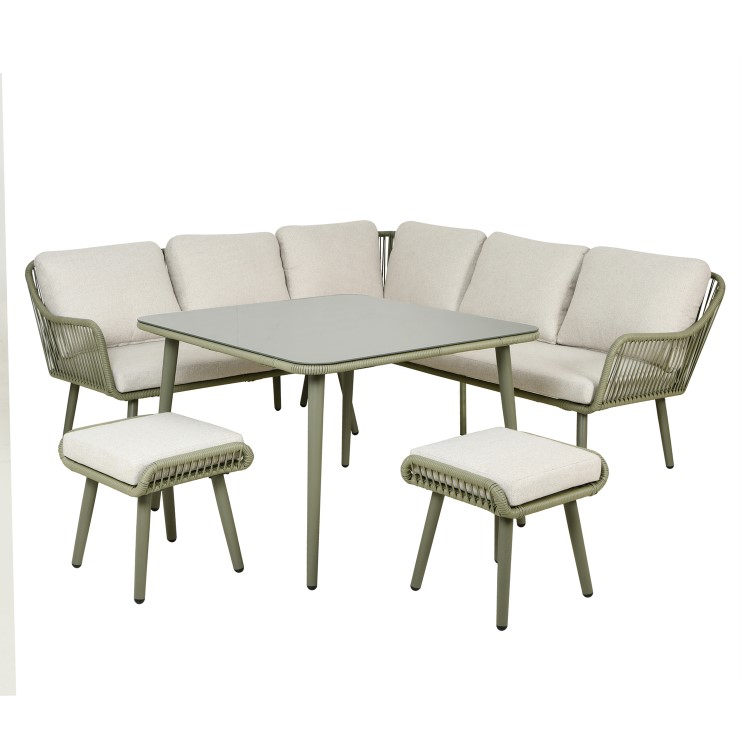 7 Seater Green Rope Effect Garden Corner Sofa Dining Table Set