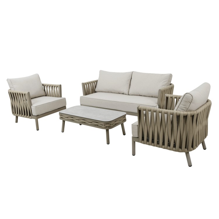 4 Seater Beige Rope Detail Sofa and Armchair Set with Coffee Table
