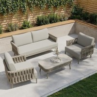 4 Seater Beige Rope Detail Sofa and Armchair Set with Coffee Table