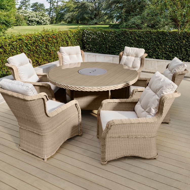 Beige 6 Seater Round Rattan Garden Dining Set with Lazy Susan Built-in Ice Bucket and Parasol