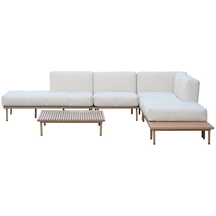 6 Seater Beige Modular Garden Corner Sofa Set in Wood Effect with Square Coffee Table