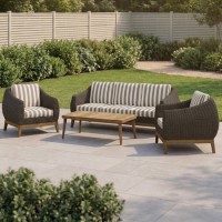 5 Seater Brown Rattan Garden Sofa Set with Striped Cushions & Coffee Table