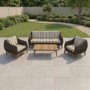 5 Seater Brown Rattan Garden Sofa Set with Striped Cushions & Coffee Table