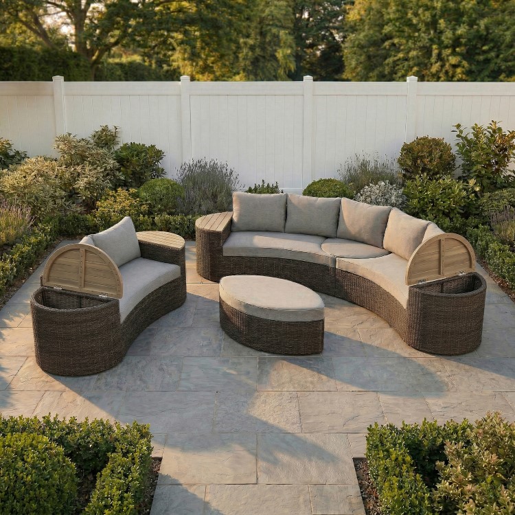 8 Seater Brown Rattan Curved Garden Sofa Set with Storage Side Tables 
