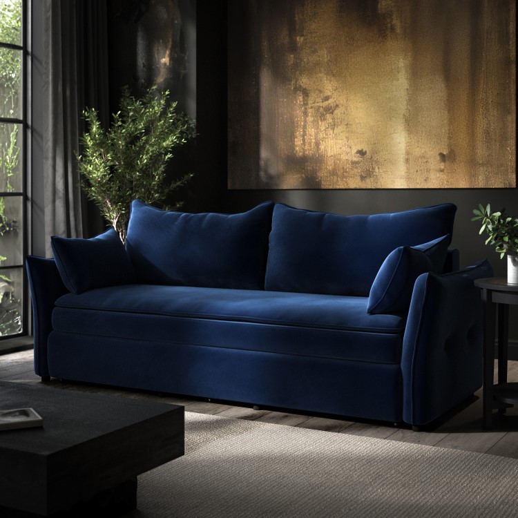 3 Seater Pull-Out Sofa Bed with Storage in Navy Blue Velvet - Gaia