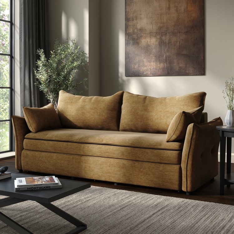 Caramel Brown Chenille Futon Sofa Bed with Storage - Seats 3 - Gaia