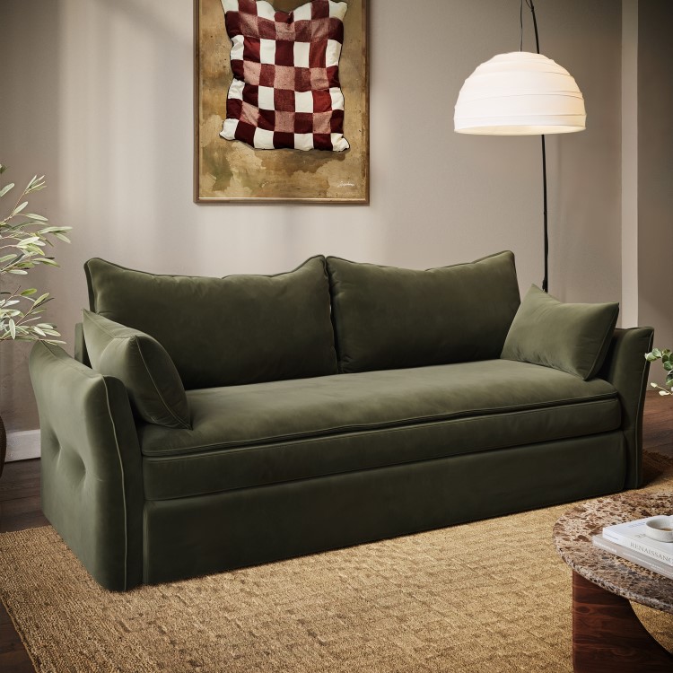 3 Seater Pull-Out Sofa Bed with Storage in Khaki Green Velvet - Gaia