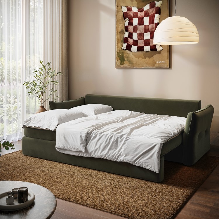 3 Seater Pull-Out Sofa Bed with Storage in Khaki Green Velvet - Gaia