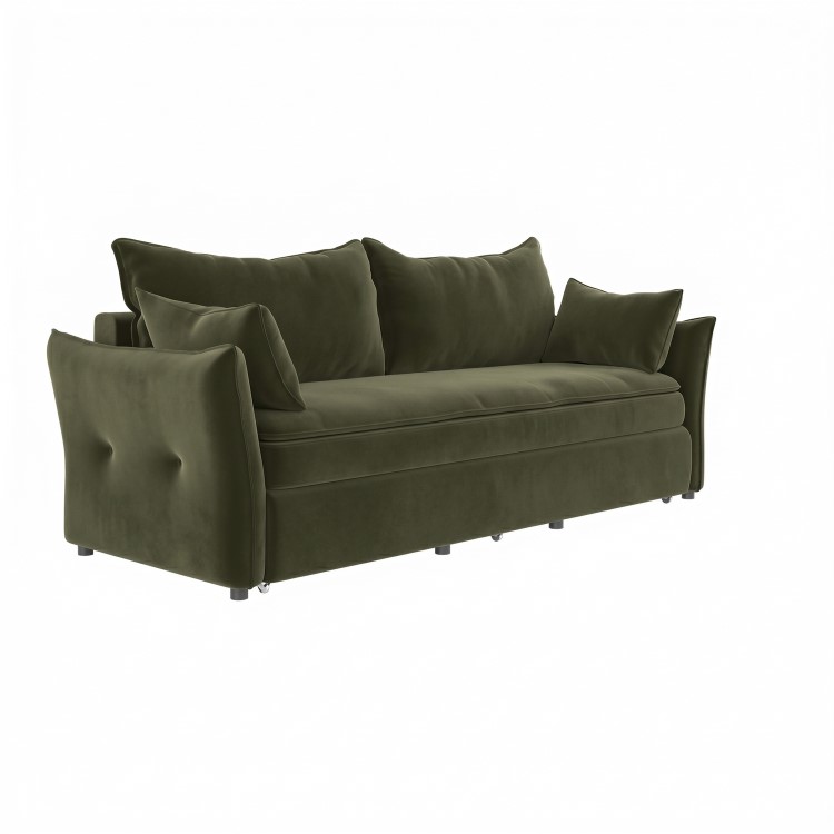 3 Seater Pull-Out Sofa Bed with Storage in Khaki Green Velvet - Gaia