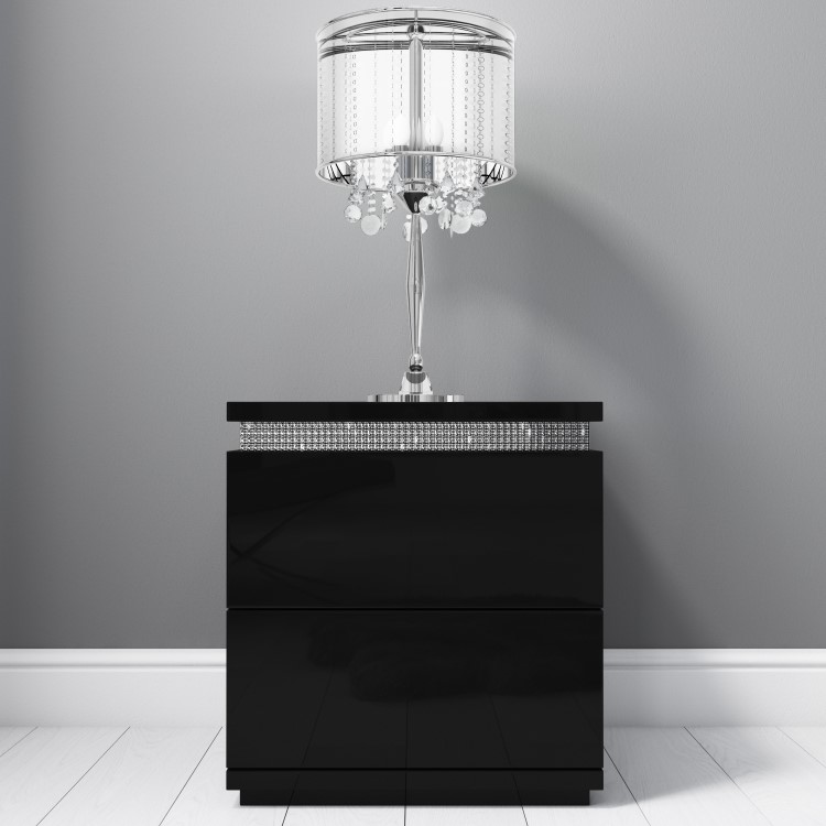 Gabriella Black High Gloss Diamante 2 Drawer Bedside Table 