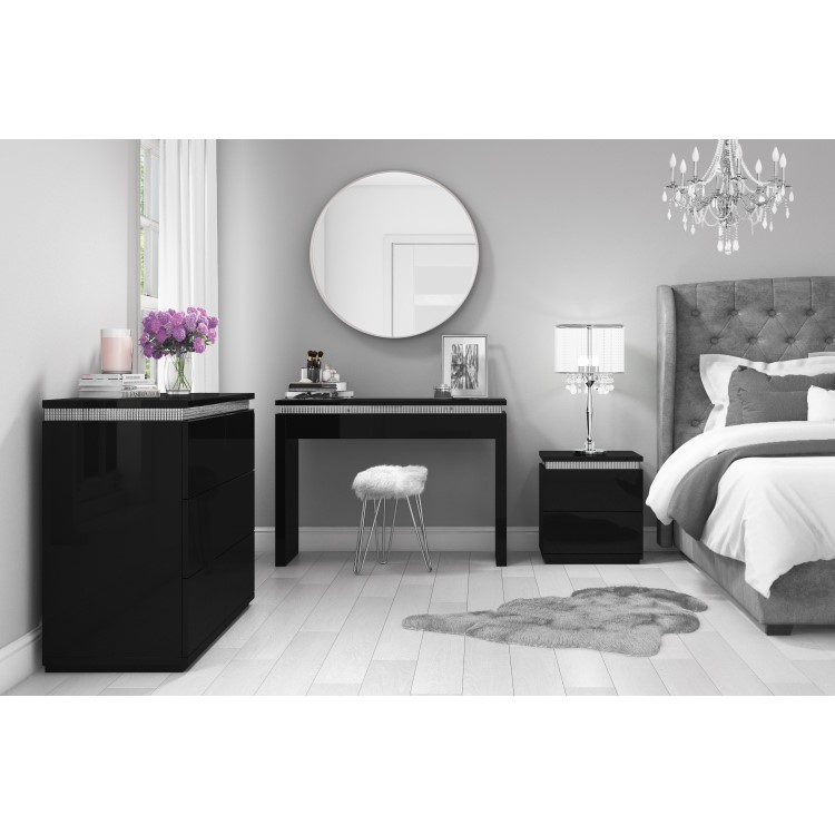 Gabriella Black High Gloss Diamante 2 Drawer Bedside Table 