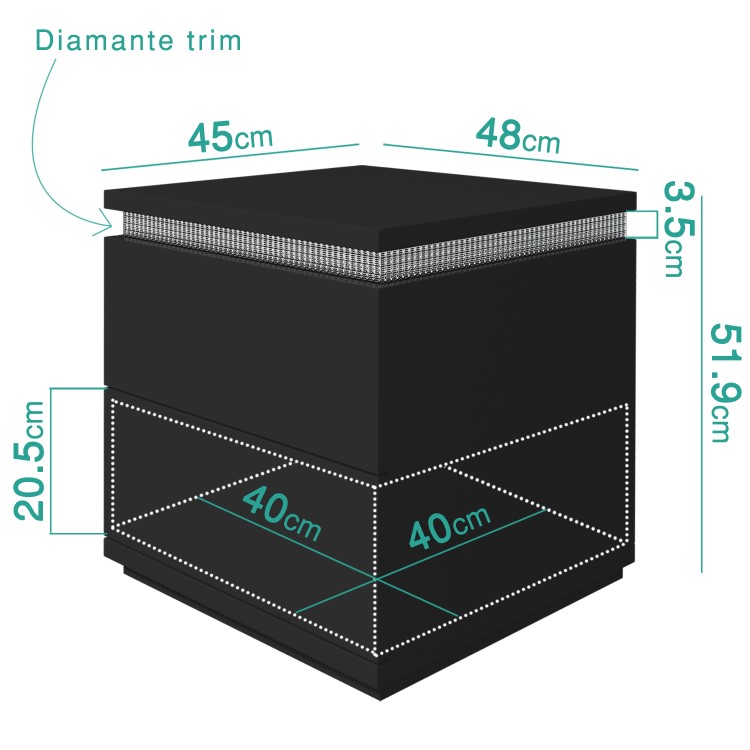 Gabriella Black High Gloss Diamante 2 Drawer Bedside Table 