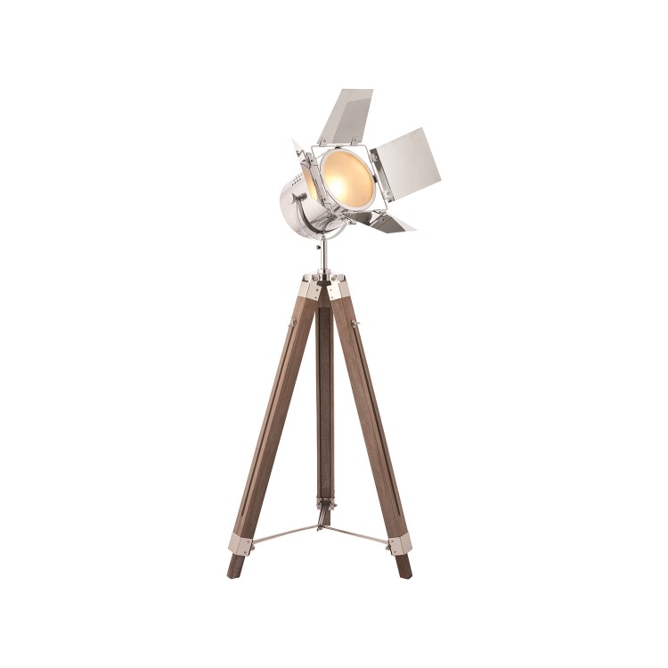 Tripod Floor Lamp with Chrome Spotlight & Wood Legs - Dalton