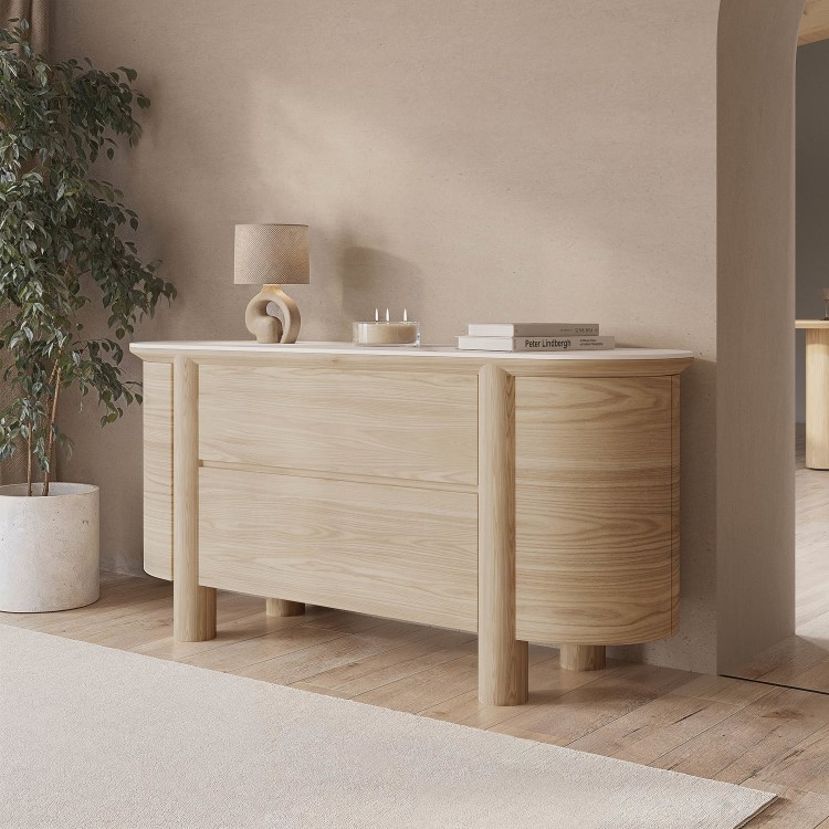 Large Curved Oak Sideboard with Marble Top - Gianna