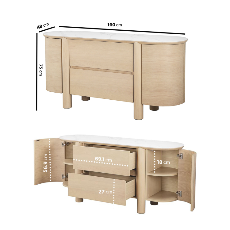 Large Curved Oak Sideboard with Marble Top - Gianna