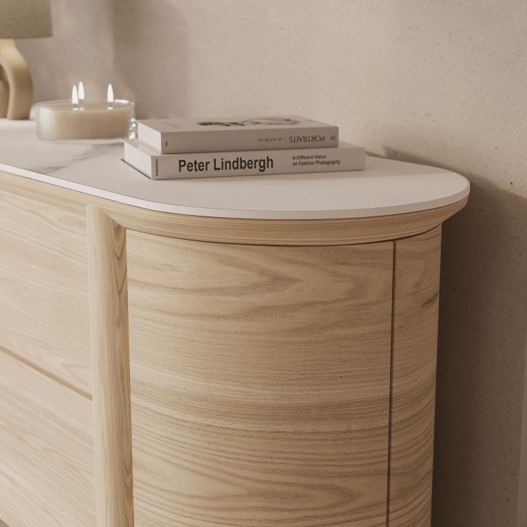Large Curved Oak Sideboard with Marble Top - Gianna