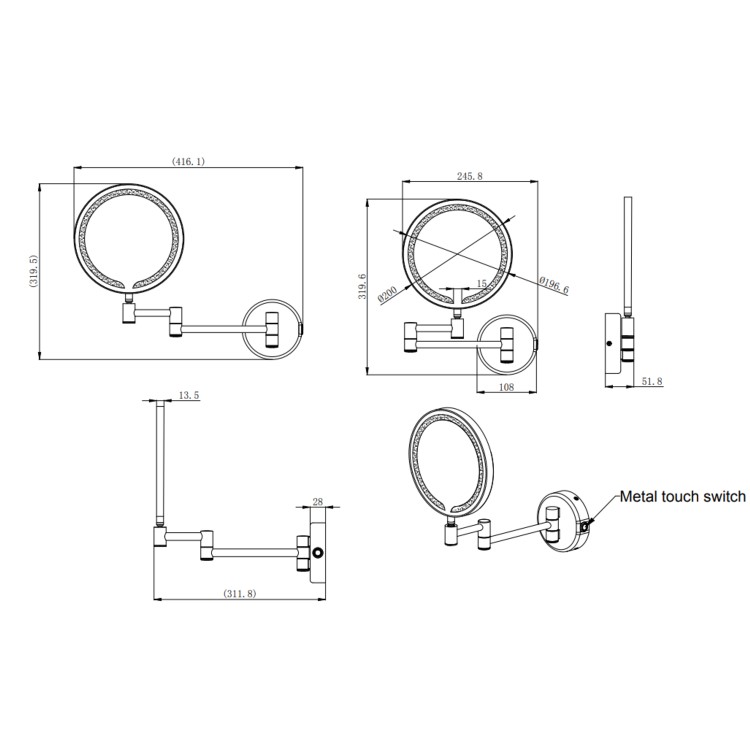 Round Black Magnifying Makeup Bathroom Mirror with Lights 200mm - Gemini