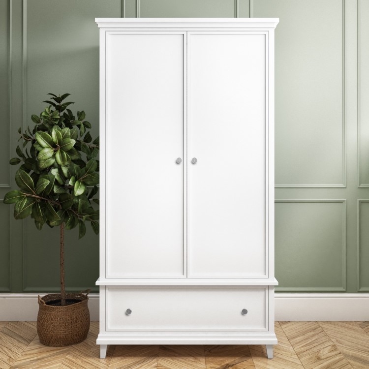 White Painted Double Wardrobe with Drawer - Georgia