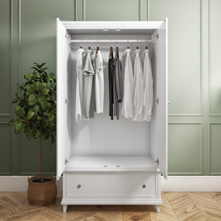White Painted Double Wardrobe with Drawer - Georgia