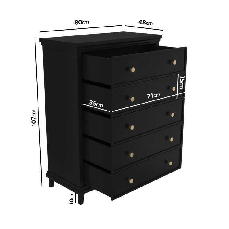 Black Tall Chest of 5 Drawers - Georgia