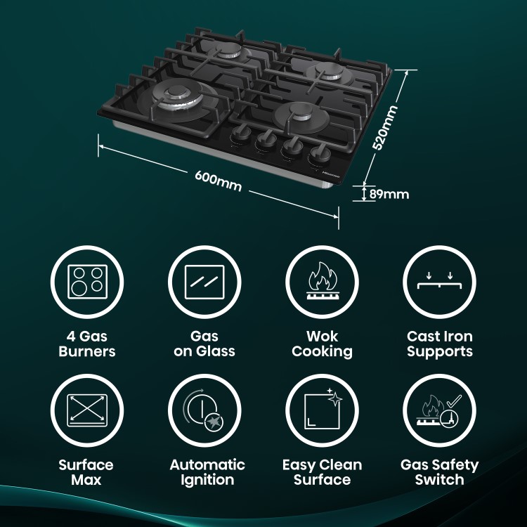 Hisense 60cm 4 Burner Gas on Glass Hob - Black