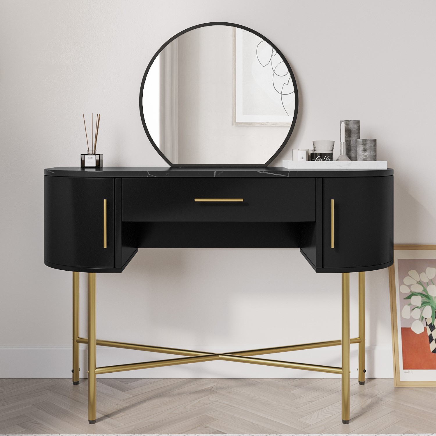 Black Marble Top Dressing Table with Mirror and Storage Drawers - Gigi - Page 1 - - BuyItDirect.ie Black Marble Top Dressing Table with Mirror and Storage Drawers - Gigi - Page 1 - - BuyItDirect.ie