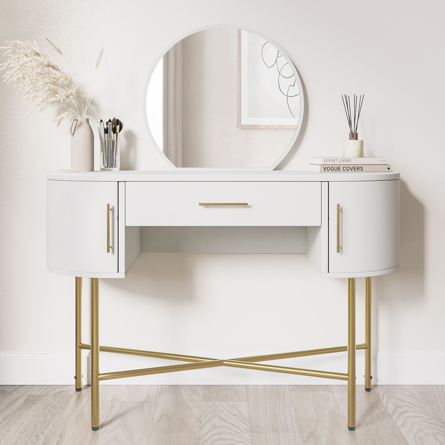 gold mirrored dressing table French Chateau Gold Console Table & Mirror