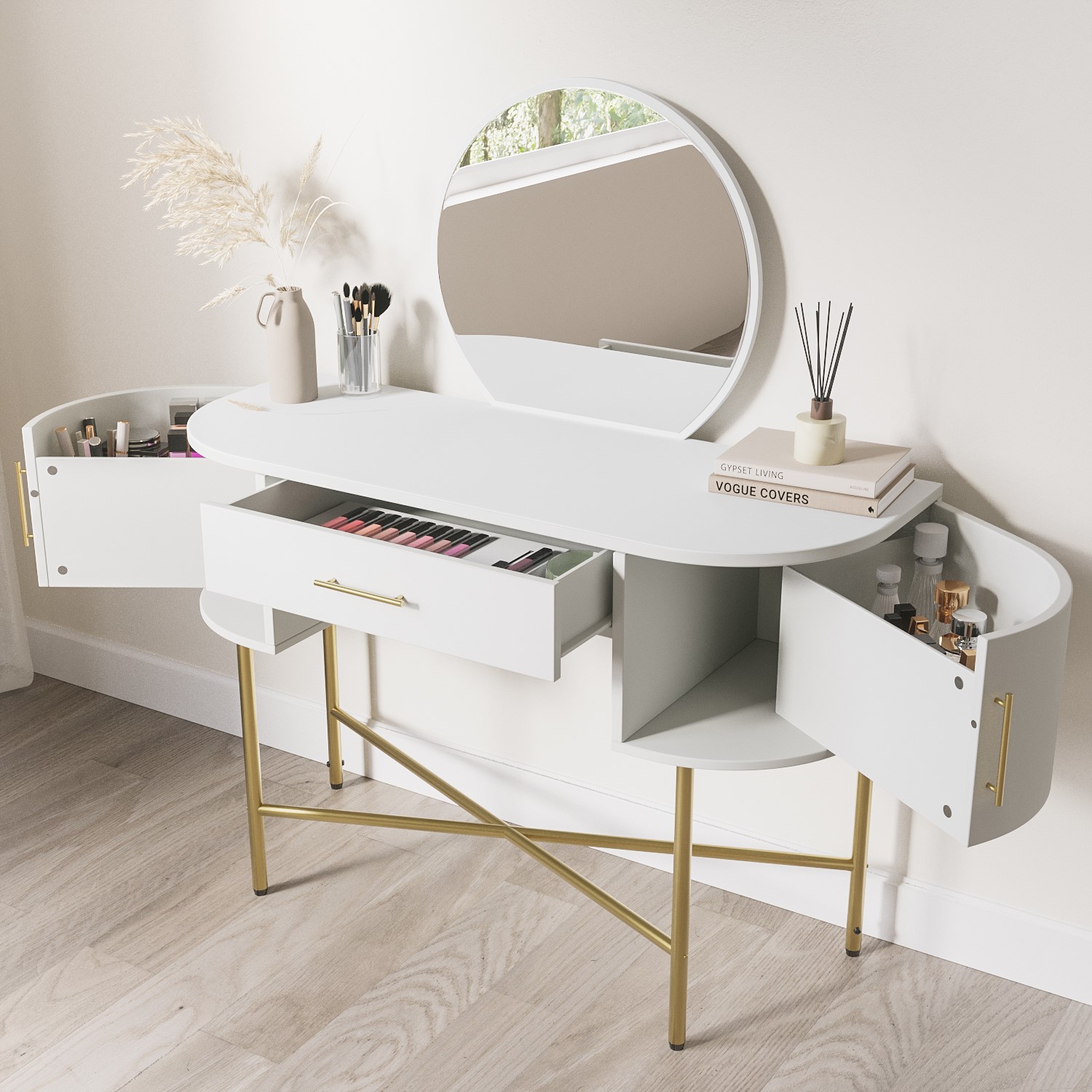 dressing table white and gold French Vanity with Oval Mirror White with Gold Scroll Carvings