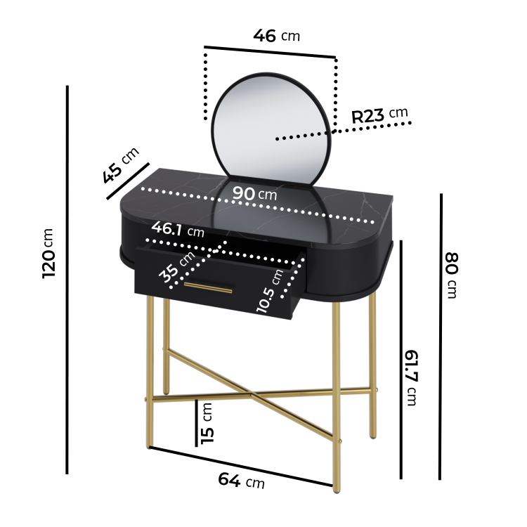 Small Black Marble Top Dressing Table With Mirror and Drawer - Gigi