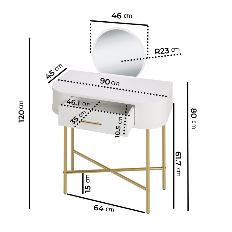 Small White And Gold Dressing Table With Mirror and Drawer - Gigi