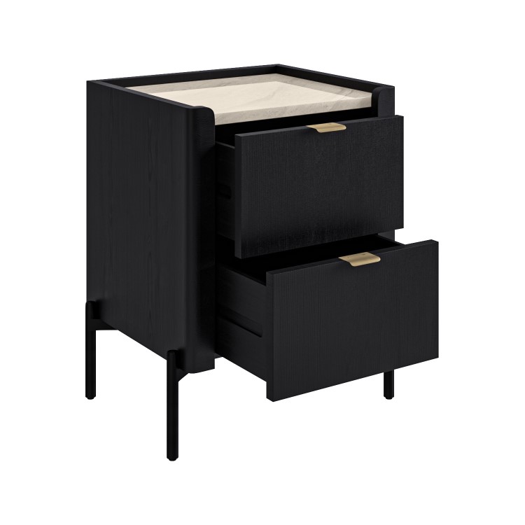Wide Black Marble-Effect Top 2-Drawer Oak Bedside Table - Gio
