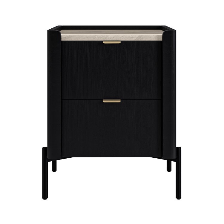 Wide Black Marble-Effect Top 2-Drawer Oak Bedside Table - Gio