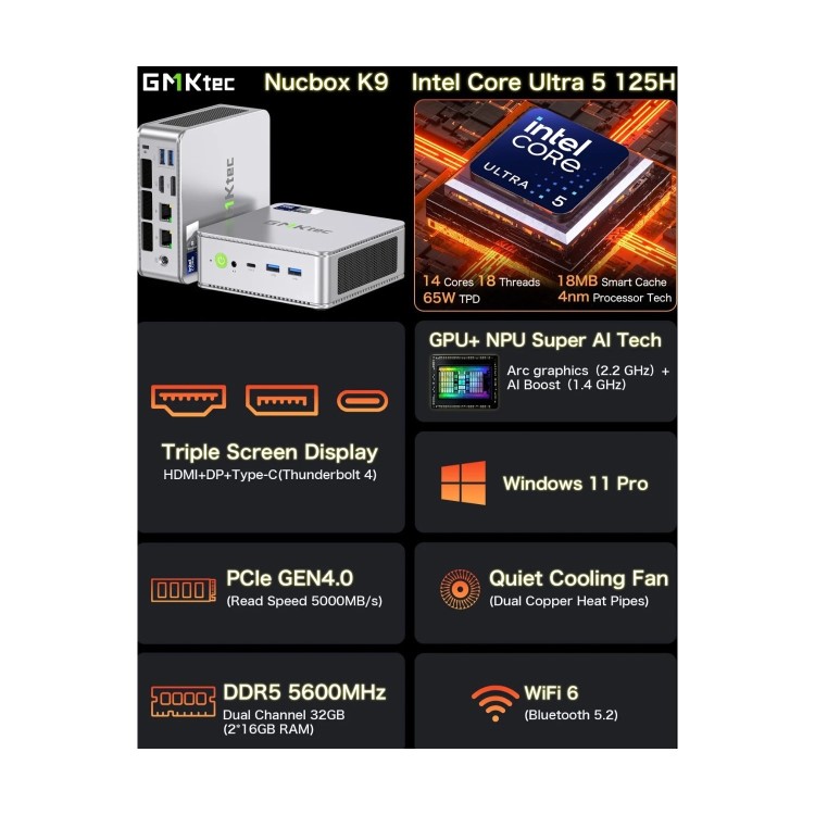 GMKTec NucBox K9 Intel Core Ultra 5-125H 16GB RAM 1TB SSD Windows 11 Pro Desktop PC