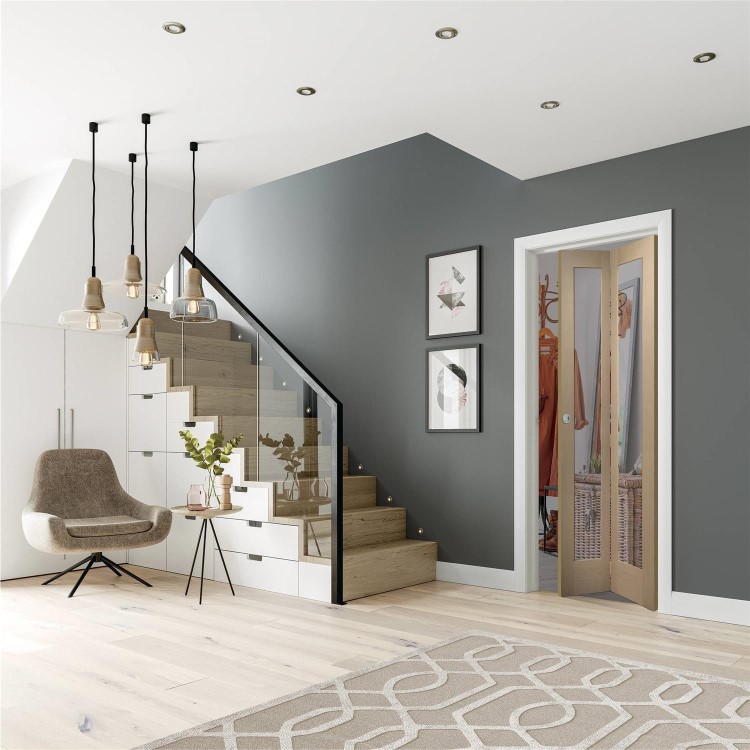 Internal Oak Fully-Glazed Bi-Fold Door with Clear Glass - Unfinished - 1981 x 762 x 35mm - Pattern 10 - XL Joinery