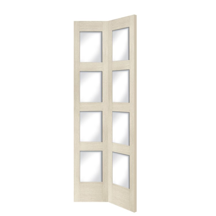 Internal Oak Shaker 4 Panel Bi-Fold Door with Clear Glass - Unfinished, 1981 x 762 x 35 mm
