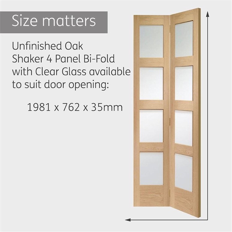 Internal Oak Shaker 4 Panel Bi-Fold Door with Clear Glass - Unfinished, 1981 x 762 x 35 mm