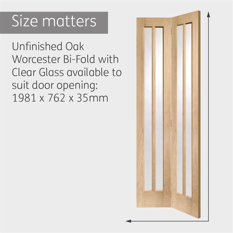 Worcester Internal Oak Bi-Fold Door with Clear Glass - Unfinished, 1981 x 686 x 35 mm