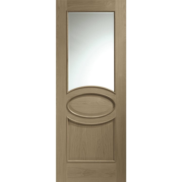 Internal Oak Calabria with Clear Bevelled Glass and Raised Mouldings - Unfinished, 2040 x 726 x 40 mm