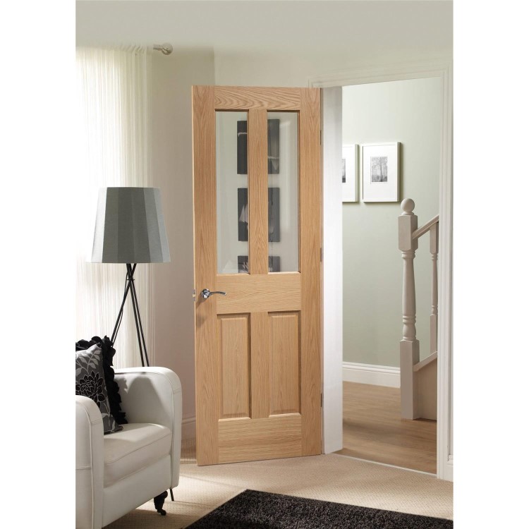 Internal Oak Glazed Victorian 4-Panel FD30 Fire Door with Clear Glass - Unfinished - 1981 x 686 x 44mm - Victoria - XL Joinery