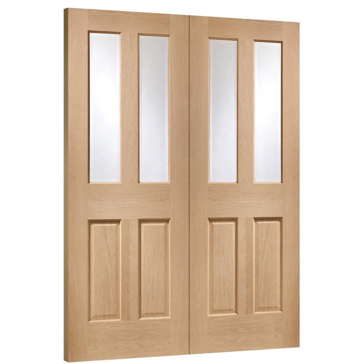 Internal Oak Glazed Victorian 4-Panel Rebated French Doors with Clear Bevelled Glass - Unfinished - 1981 x 1372 x 40mm - Victoria - XL Joinery