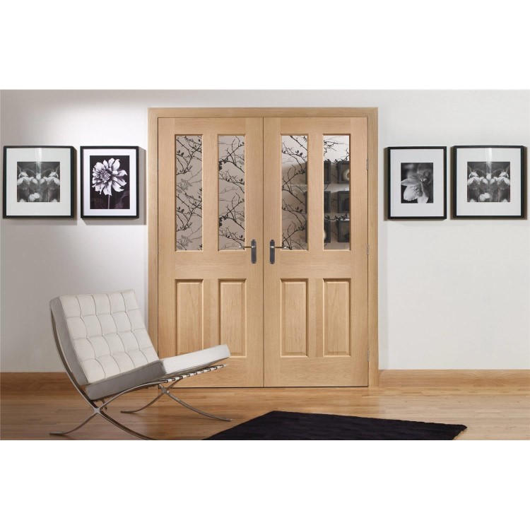 Internal Oak Glazed Victorian 4-Panel Rebated French Doors with Clear Bevelled Glass - Unfinished - 1981 x 1372 x 40mm - Victoria - XL Joinery