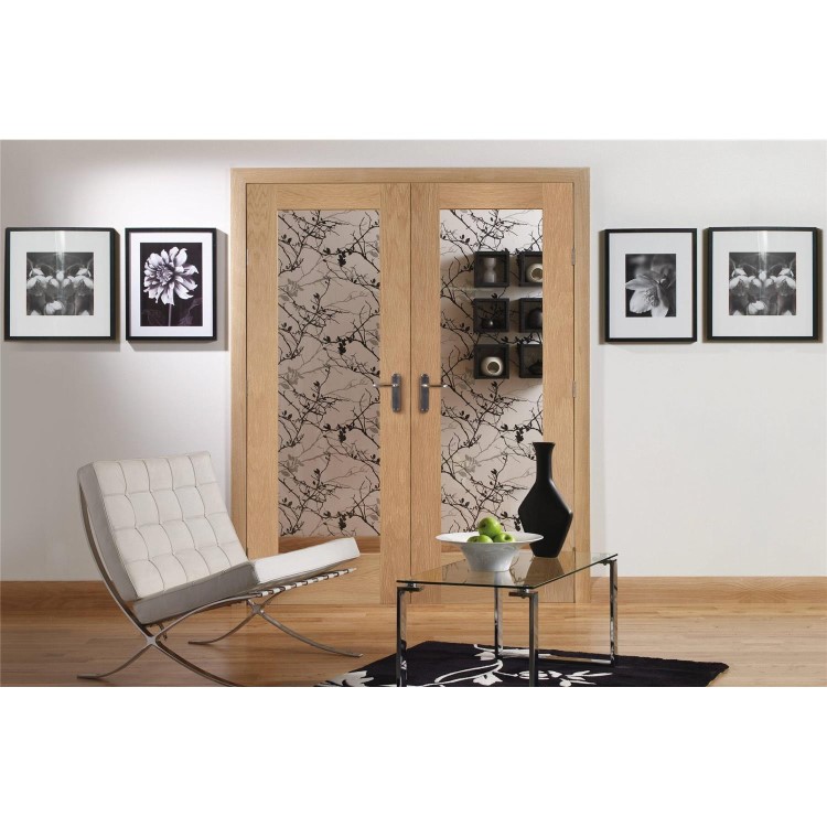 Internal Oak Fully-Glazed French Doors with Opaque Glass - Unfinished - 1981 x 1168 x 40mm - Pattern 10 - XL Joinery