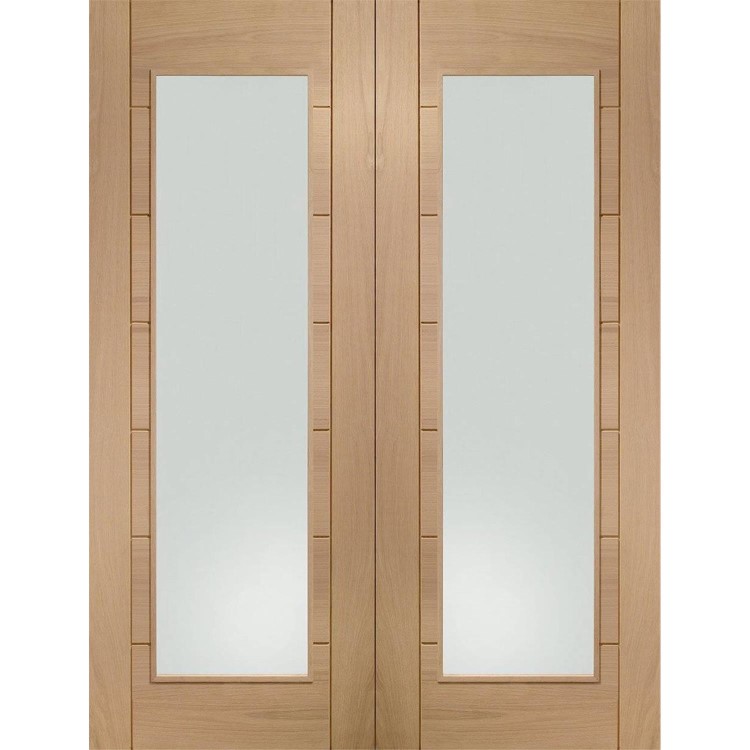 Palermo Internal Oak Rebated Door Pair with Clear Glass - Unfinished, 1981 x 1067 x 40 mm