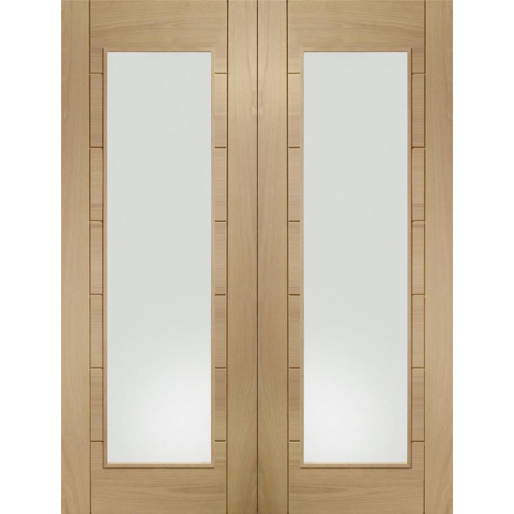 Palermo Internal Oak Rebated Door Pair with Clear Glass - Unfinished, 1981 x 1067 x 40 mm