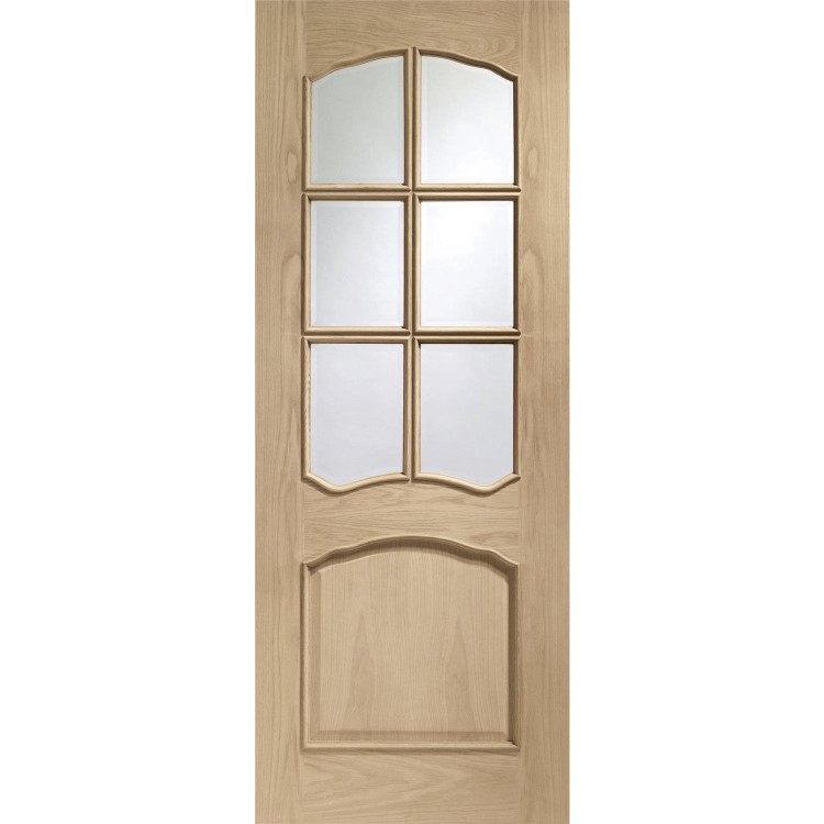 Internal Oak Riviera Door with Clear Bevelled Glass and Raised Mouldings - Unfinished, 1981 x 686 x 35 mm