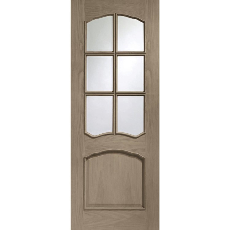 Internal Oak Riviera Door with Clear Bevelled Glass and Raised Mouldings - Unfinished, 1981 x 686 x 35 mm